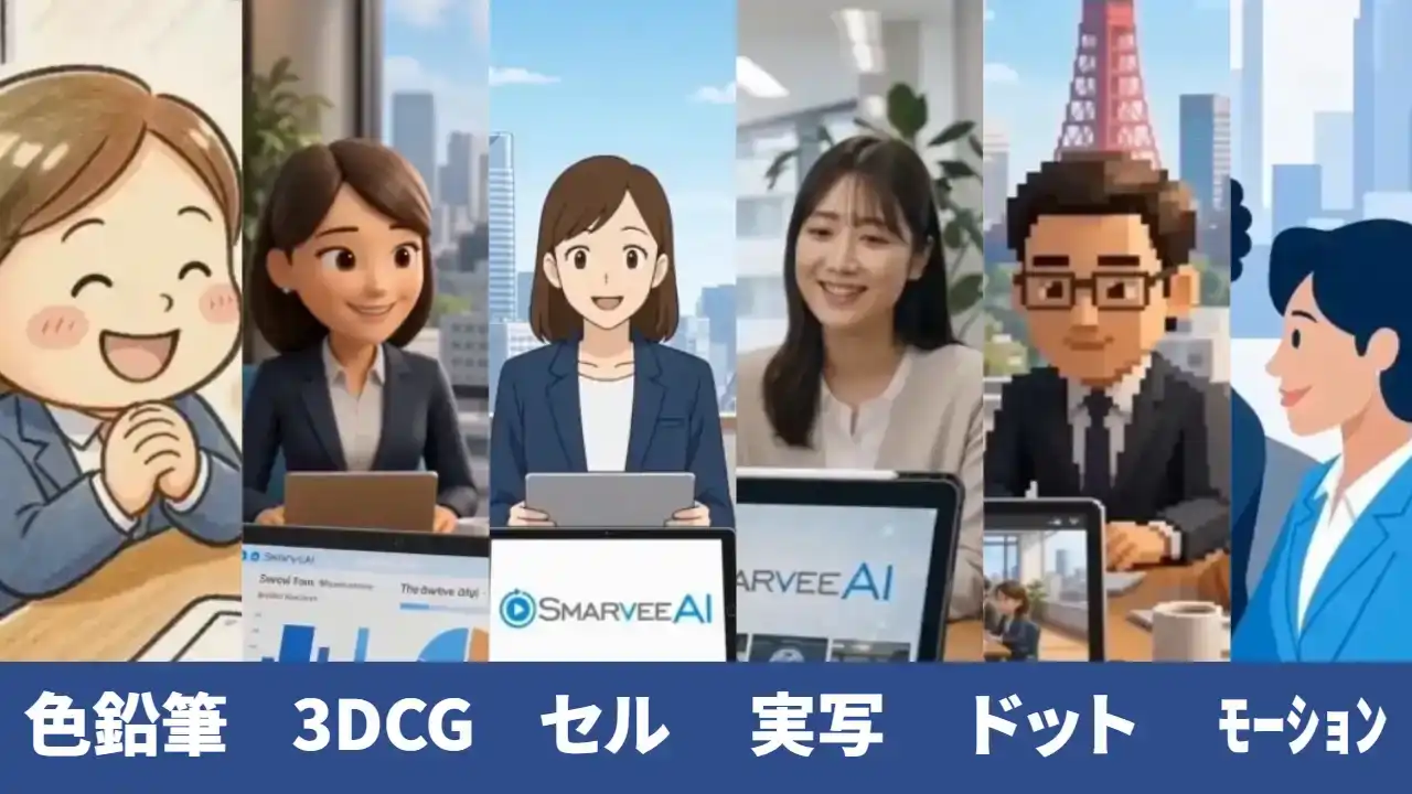 実写・色鉛筆・3DCG・ドット絵・モーション・セルアニメの6テイストのサンプル静止画を横並びで並べたビジュアル