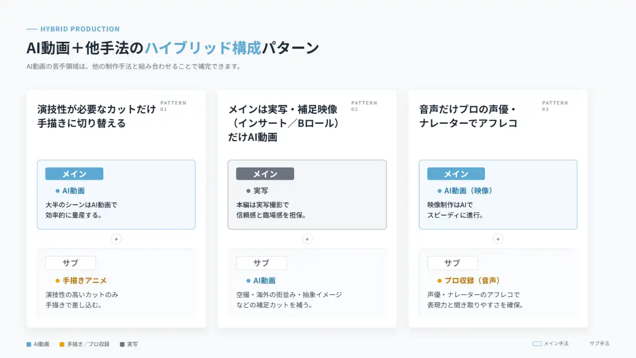 演技性が必要なカットだけ手描き／メインは実写・補足だけAI動画／音声だけプロのアフレコ、の3パターンのハイブリッド構成図