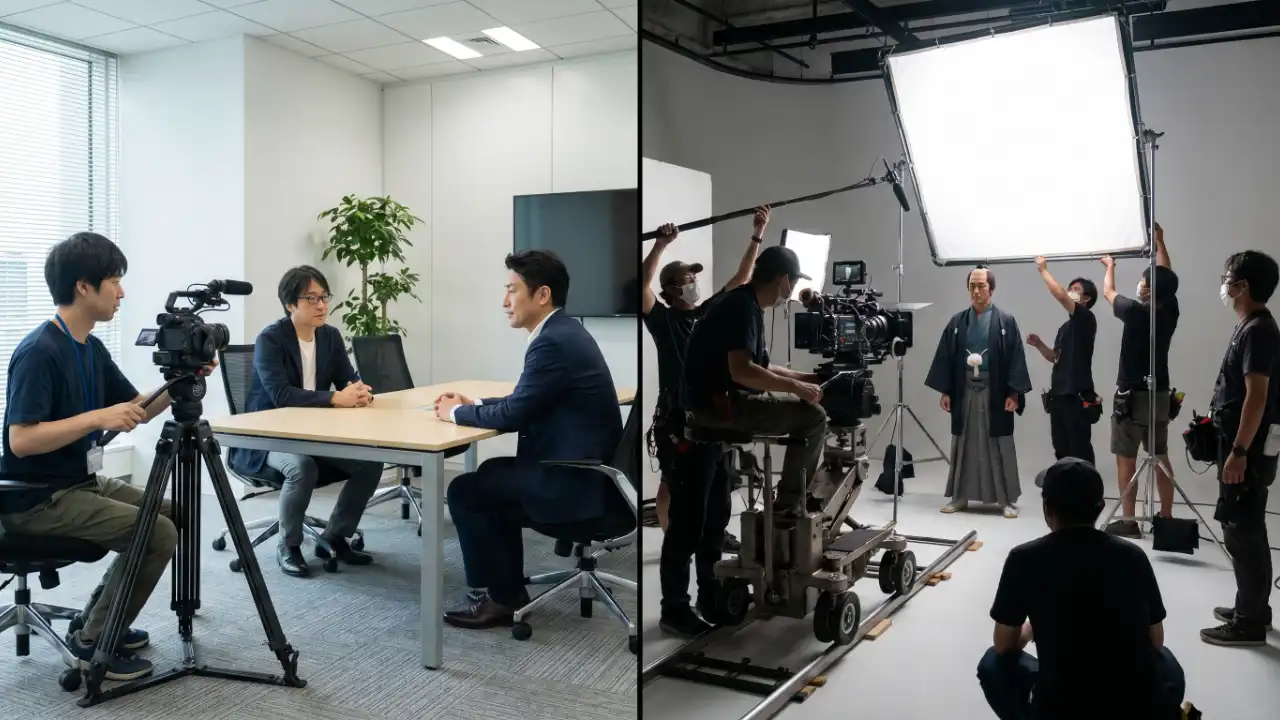 ドキュメンタリー型のインタビュー撮影風景と演出型の大規模ドラマ撮影現場を左右に並べた対比イメージ