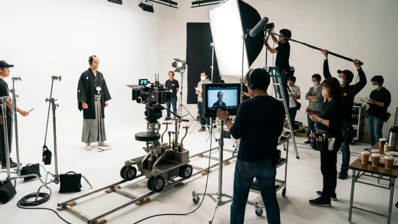 ドラマやCMの大規模な撮影現場で、出演者・カメラマン・照明・音声・美術・メイクなど10名以上のスタッフが連携している様子