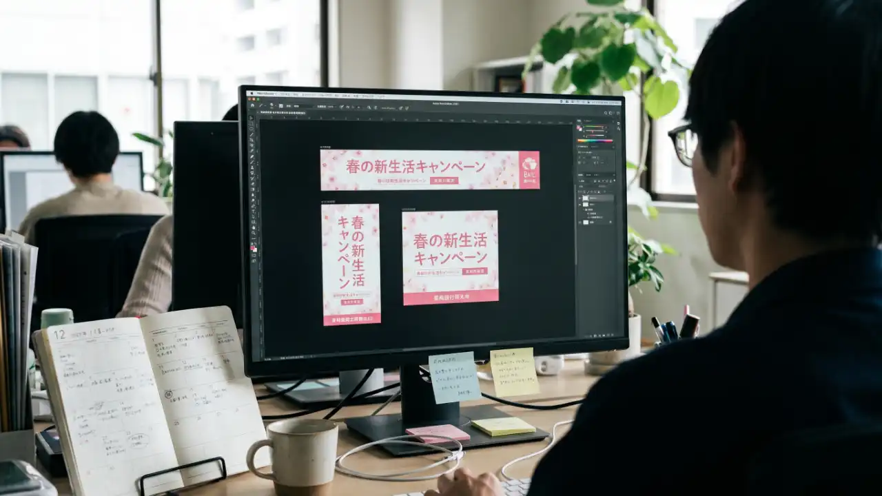 広告制作会社のデスクで、モニターに横長・縦長・正方形の3種類のバナーが並んで表示されている俯瞰気味のカット。制作者は肩越しバックショットで写り、机にはコーヒーカップと付箋メモ。日中の自然光。