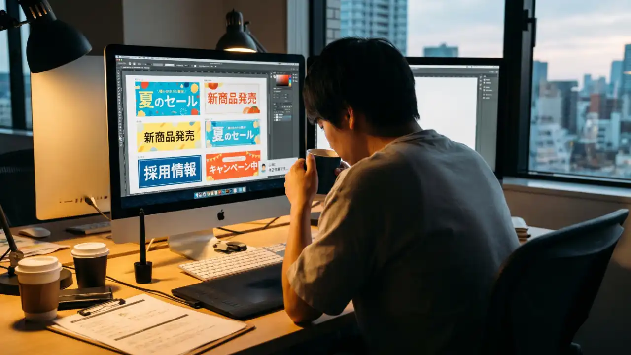 書き出し作業を終えたデザイナーの肩越しバックショット。モニターには書き出し済みのファイル一覧、右下にはチャットアプリの通知。夕方の室内光。少し疲労感の漂う空気。