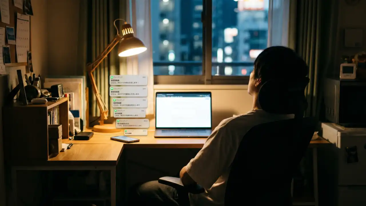 休日の夜、自宅のデスク。机の上のスマホ画面にチャットアプリの通知、ノートPCは開きっぱなし。部屋はデスクライトのみの薄暗さ。制作者はバックショットで椅子に深くもたれる。