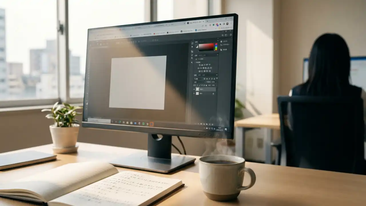 朝のデスク、自然光が差し込む明るい室内。モニターにブラウザタブが並び、その1つに画像編集ツールが開かれている。湯気の立つコーヒーカップと観葉植物、穏やかな日常の作業風景。