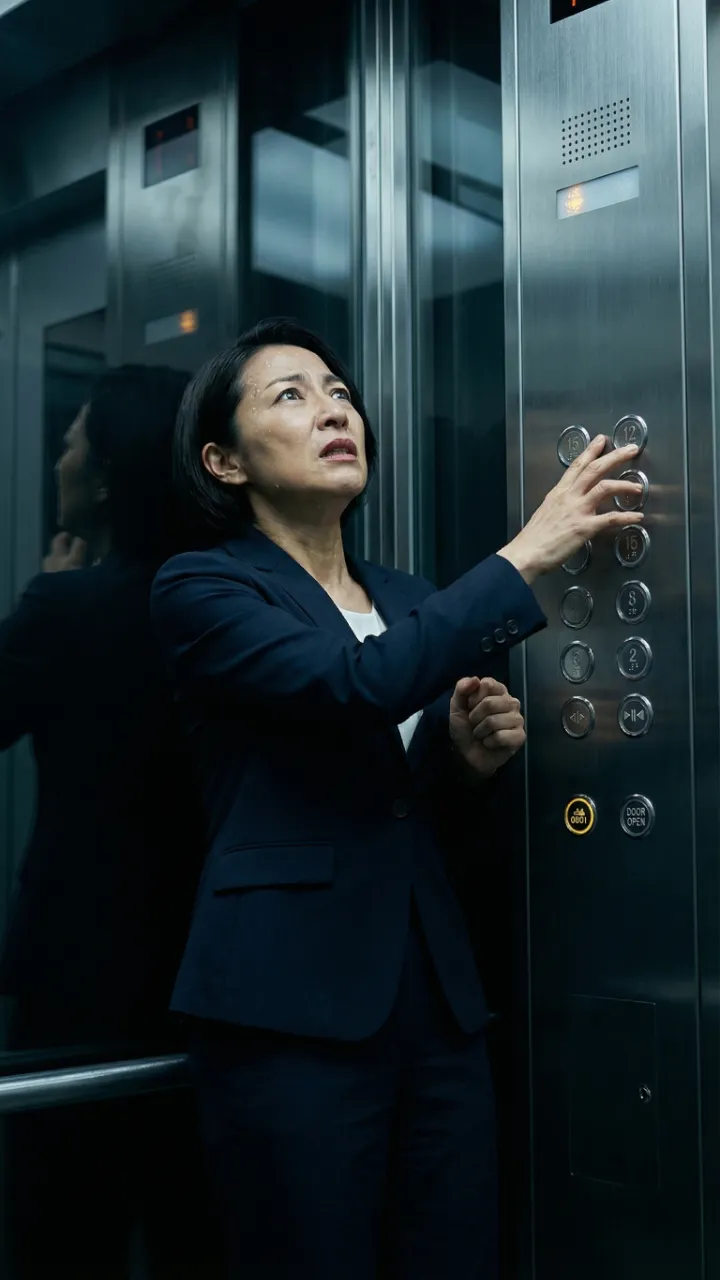 女性上司がエレベーターに閉じ込められているシーン