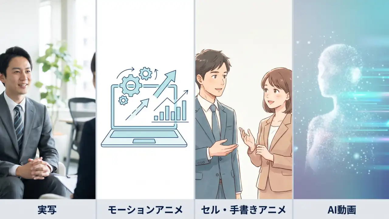 実写・モーションアニメ・セル手書きアニメ・AI動画の4手法のサンプル静止画を並べたビジュアル