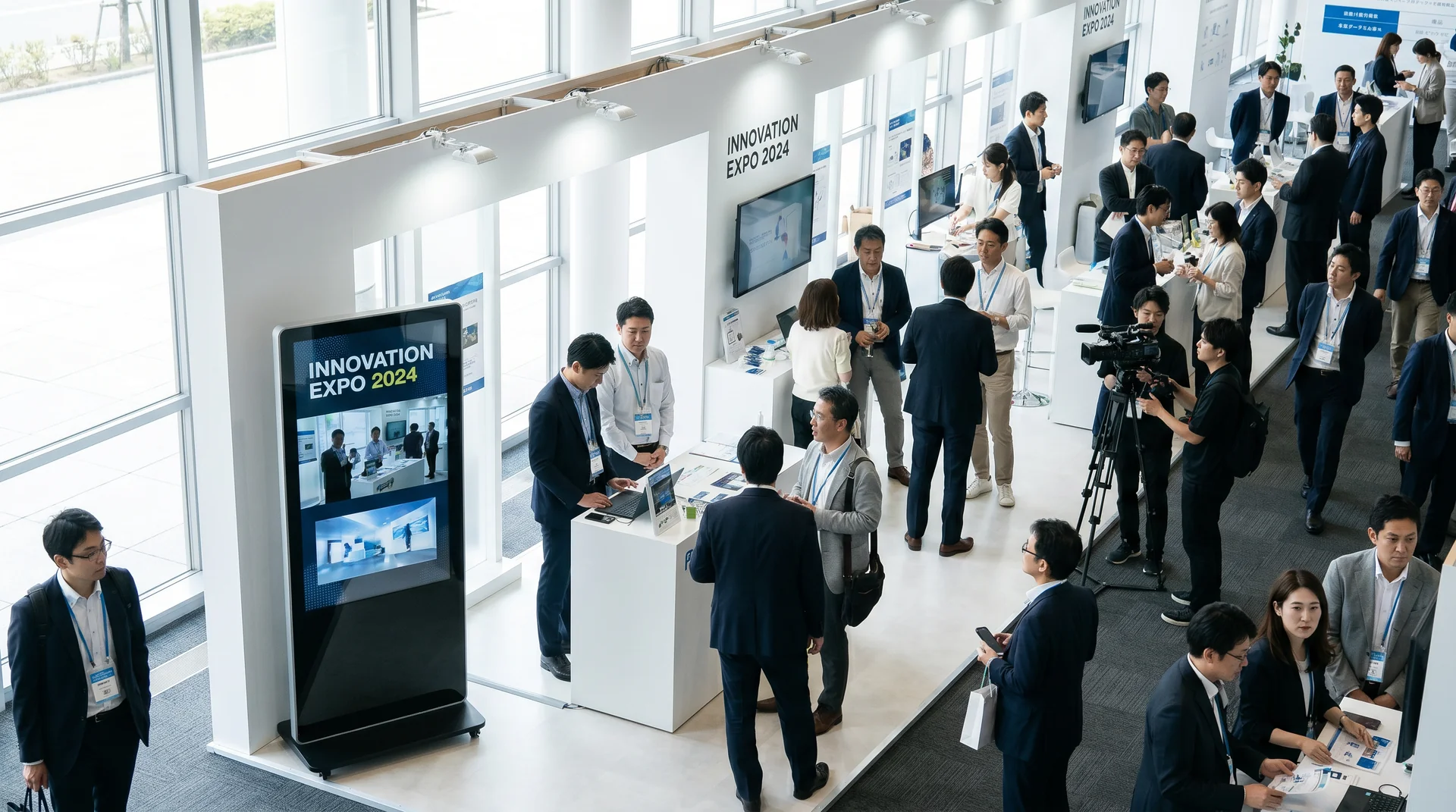 BtoB展示会のブースに設置された縦型サイネージと来場者