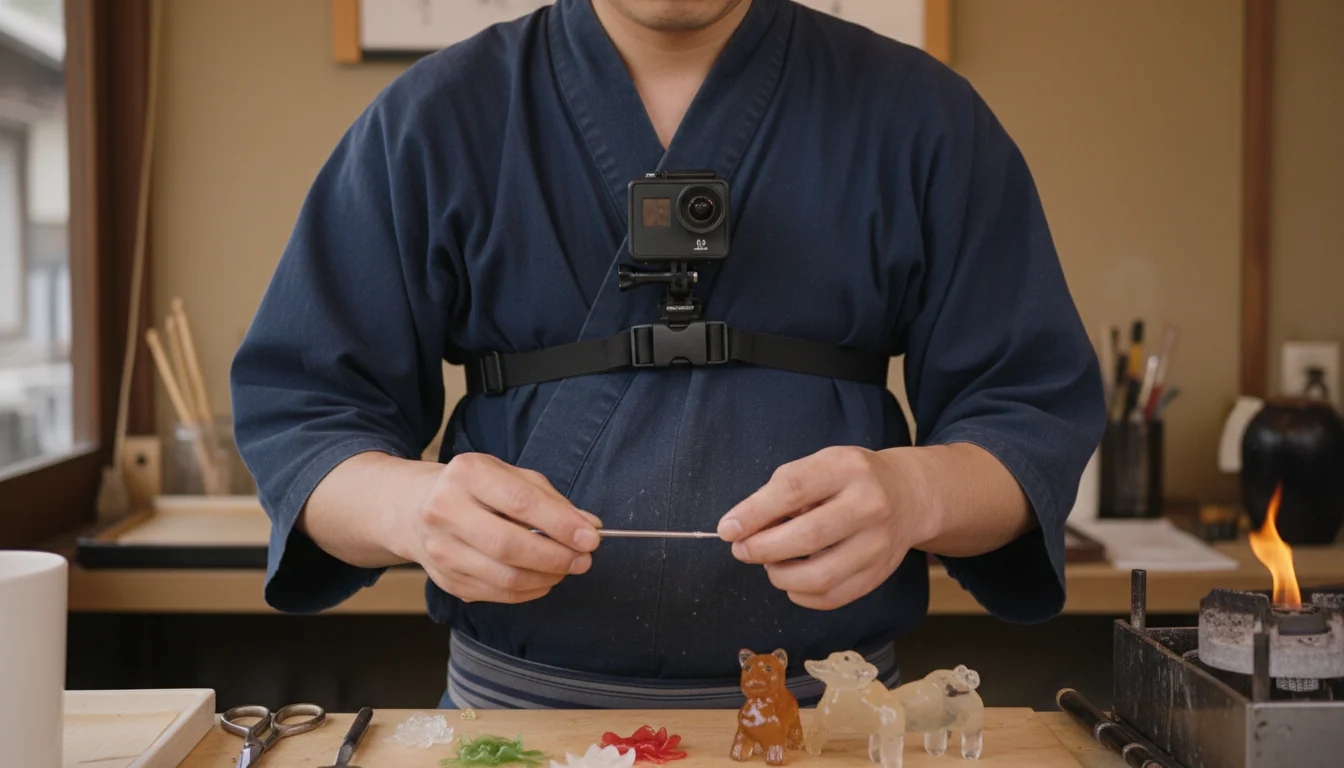 飴細工職人が作務衣風の作業着を着てチェストハーネスでアクションカメラを胸元に装着し、手元の繊細な飴細工作業を撮影している様子。