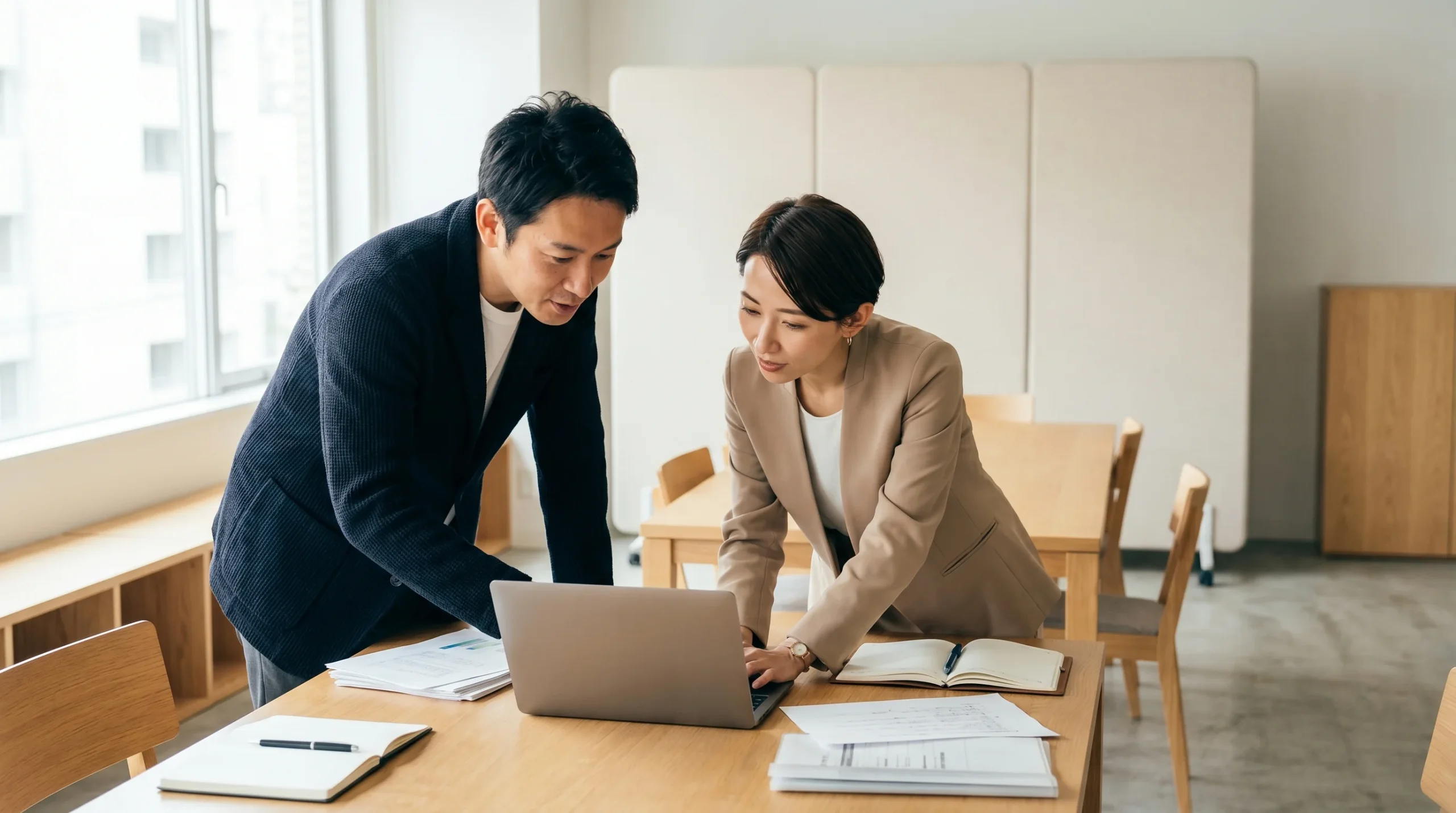 打ち合わせスペースでノートPCを見ながら相談する2人の様子