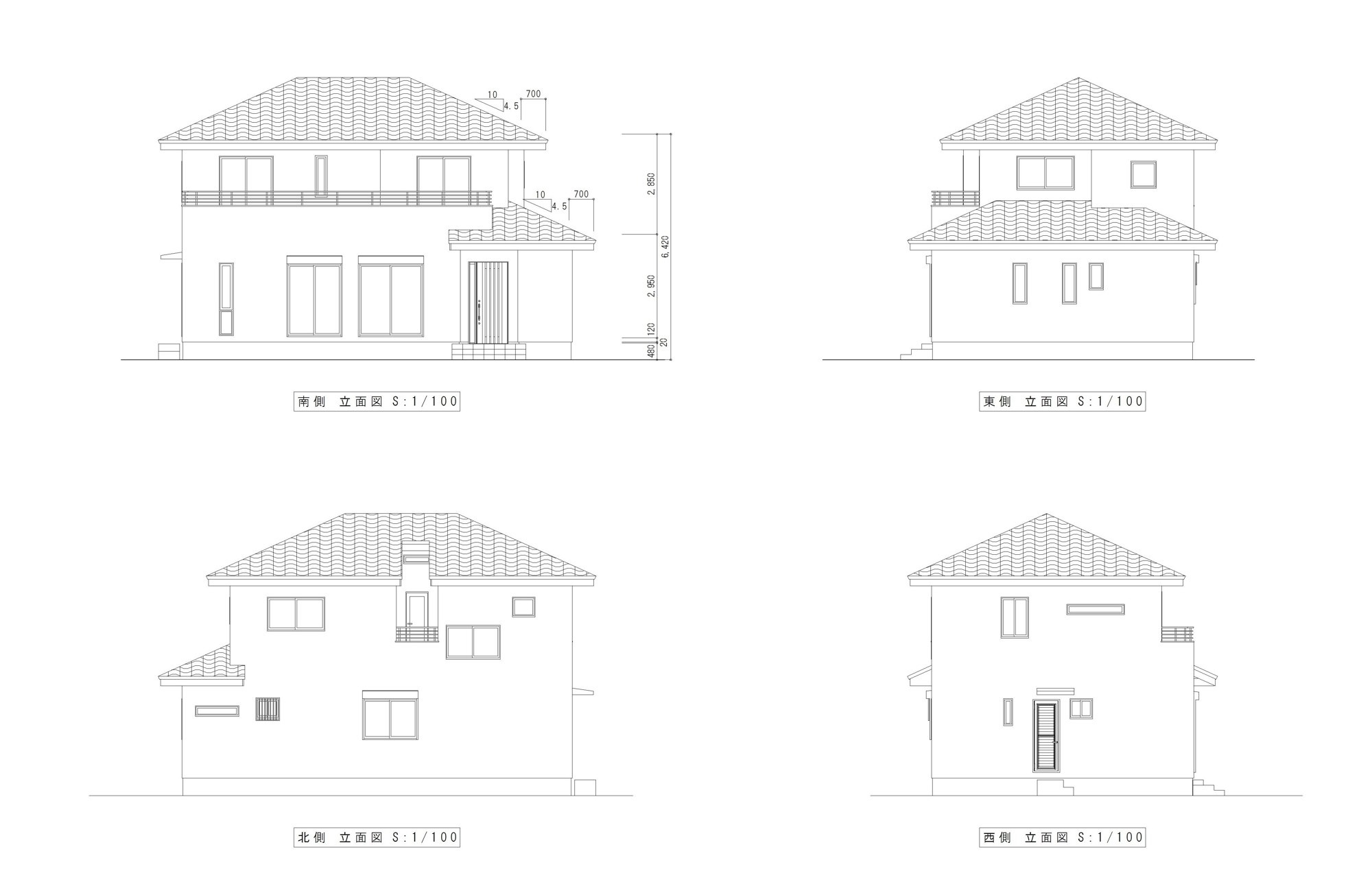 検証に使った戸建て住宅の立面4面図(7月の検証と同じフリー素材)