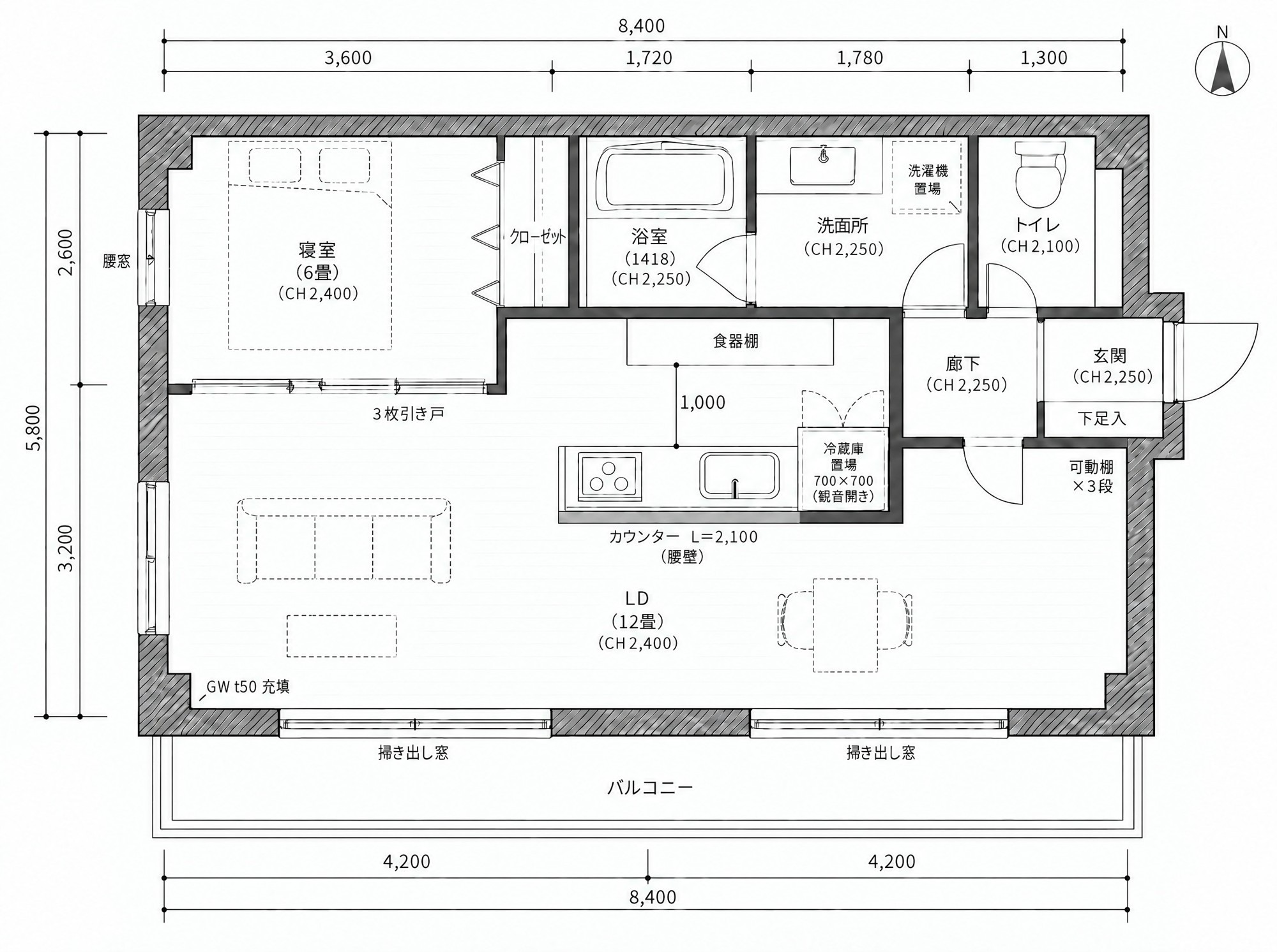 検証用に画像生成AIで描かせた架空の1LDKの間取り図。寸法、天井高、設備の注記入り