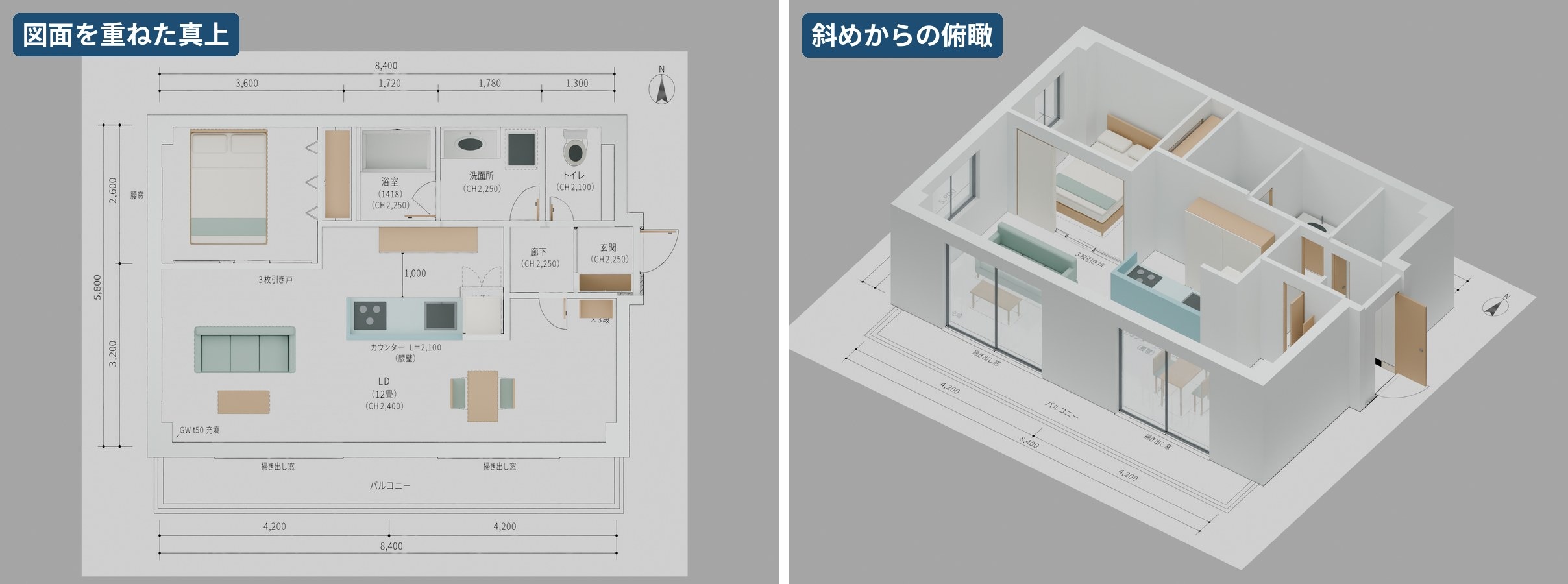 間取り図からGPT-6 AstraがBlenderで組み上げた家具付きの3Dモデル。図面を重ねた真上と、斜めからの俯瞰